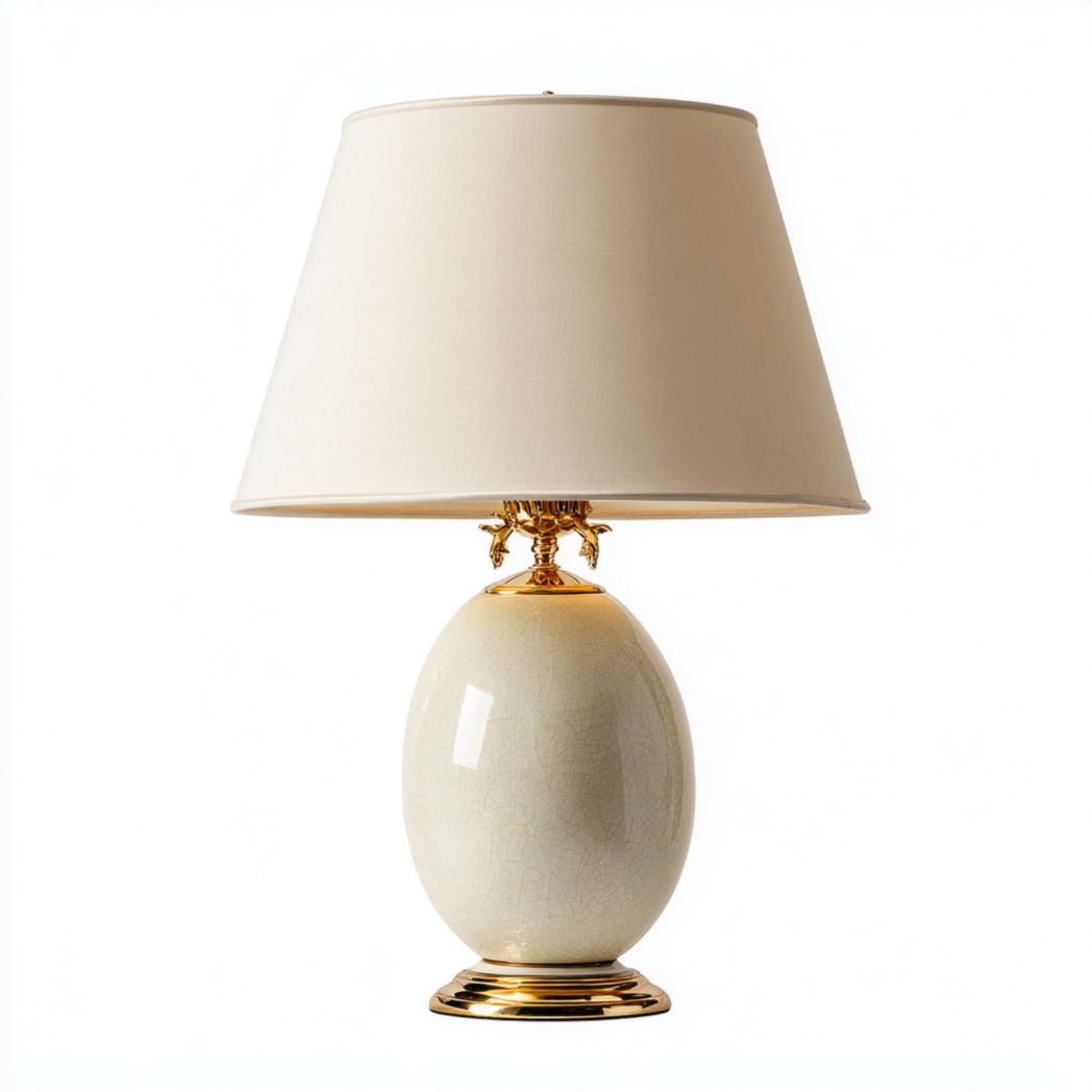 Lampada da tavolo in ceramica bianca con base decorativa in oro e paralume in tessuto beige