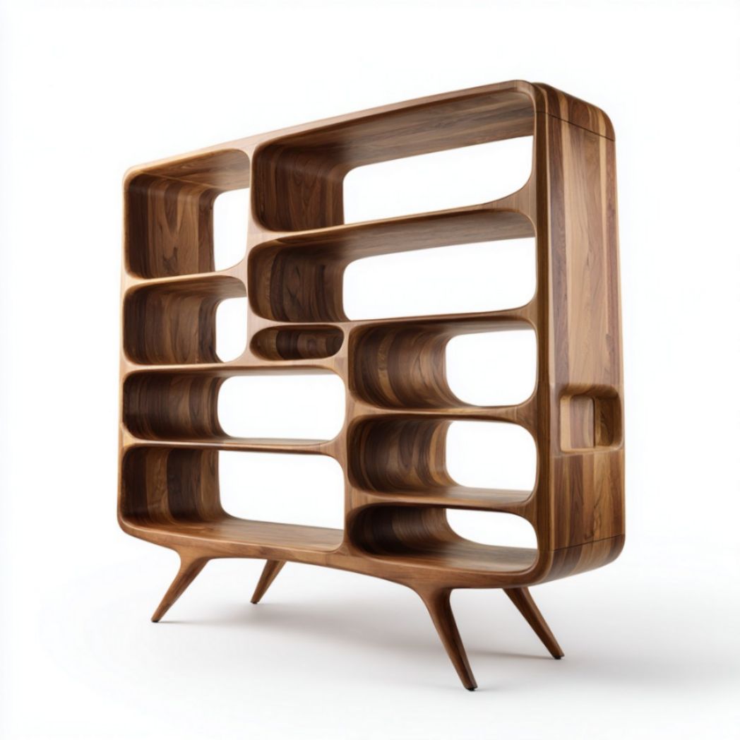 Libreria in Legno di Noce con Ripiani Curvi e Gambe Coniche