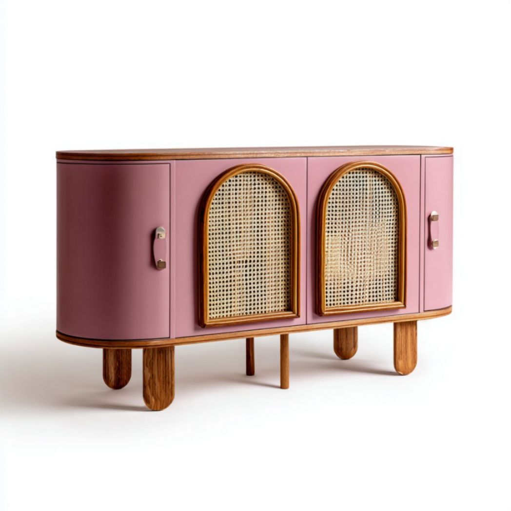 Credenza Ovale in Legno di Frassino e Paglia di Vienna Rosa con 2 Ante