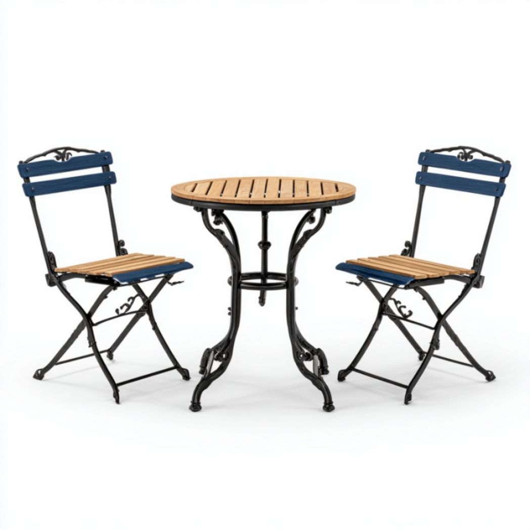 Set da giardino con tavolo rotondo in legno e due sedie pieghevoli in metallo