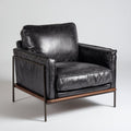 Poltrona singola in pelle nera con struttura in metallo e base in legno