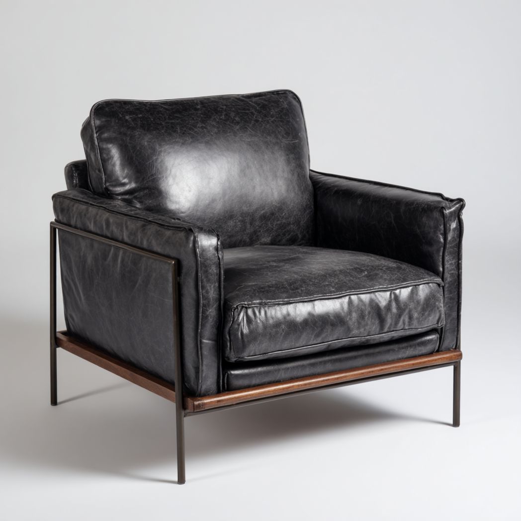 Poltrona singola in pelle nera con struttura in metallo e base in legno